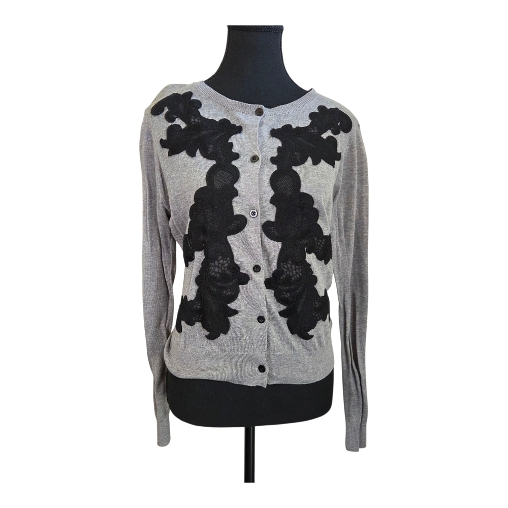 CAbi Gray Button Up Cardigan with Black Lace Size Small